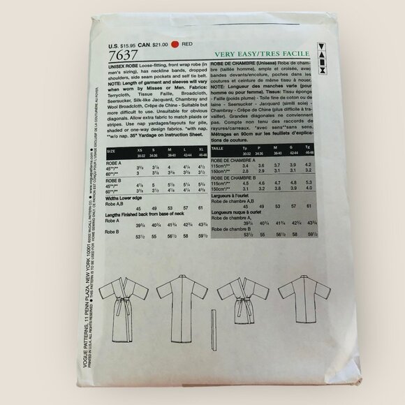 Vintage Vogue Sewing Pattern 7637 Unisex Robe Size Small - Picture 2 of 2